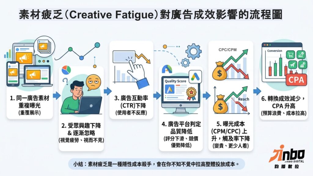 creative-fatigue-ad-performance-flowchart
素材疲乏流程圖